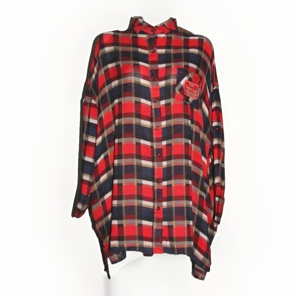 UMGEE Red Plaid Hysteric Patches Lightweight Blouse Womens OVERSIZED Small - Picture 1 of 12
